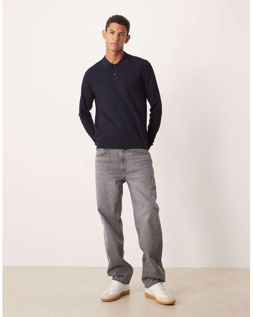 Mango Blue Cotton Mix Knitted Polo Top for men