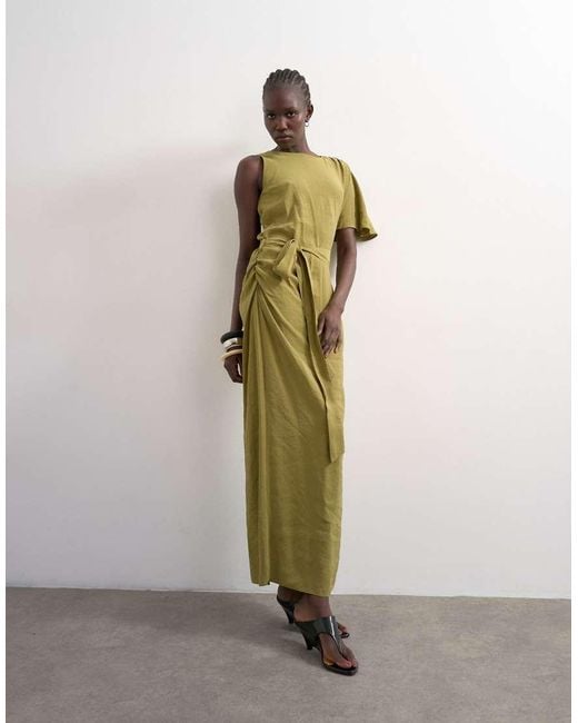 TOPSHOP Green Asymmetric Sleeve Tie Waist Cupro Maxi Dress