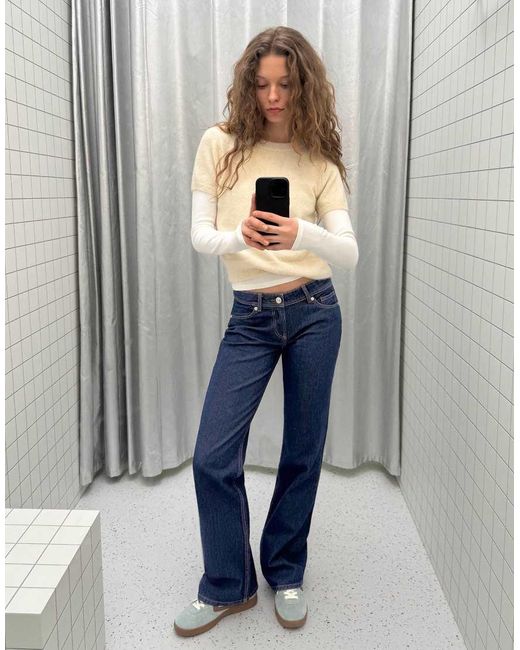 Bershka Blue Petite Low Waist Bootcut Jeans