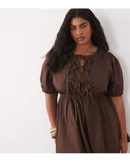 Esmee Curve Brown Tie Front Puff Sleeve Mini Beach Dress
