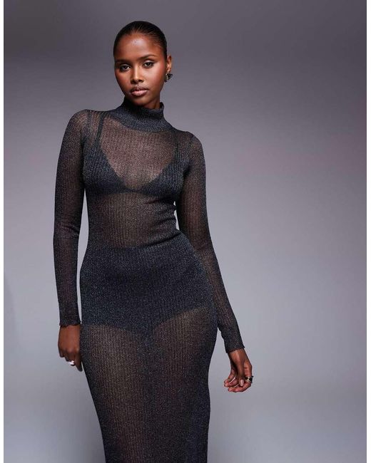 AFRM Blue Shimmer Ribbed Maxi Dress With Panty