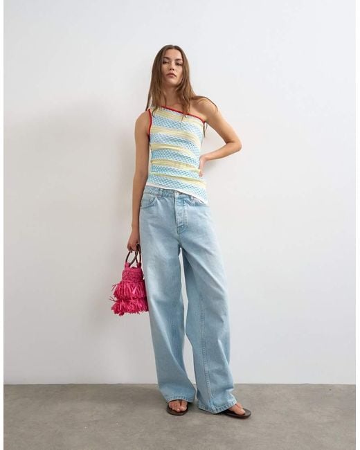 TOPSHOP Blue Knitted Asymmetric One Shoulder Colour Pop Top