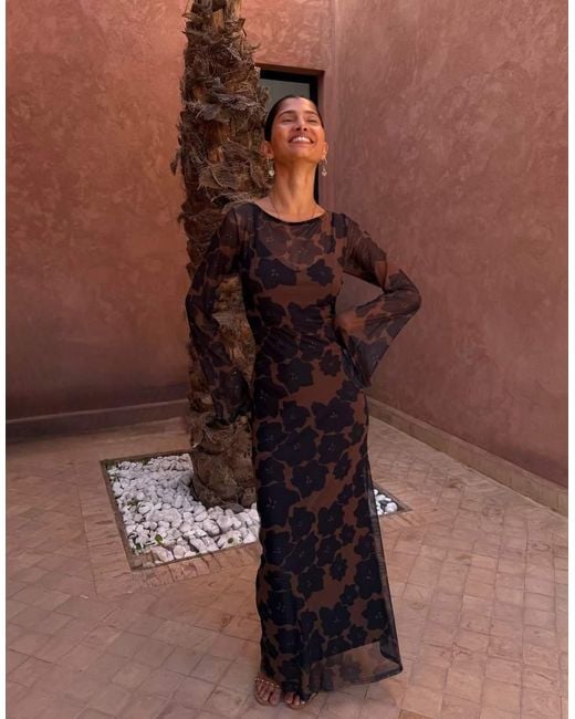Never Fully Dressed Brown Mesh Long Sleeved Crew Neck Maxi Dress
