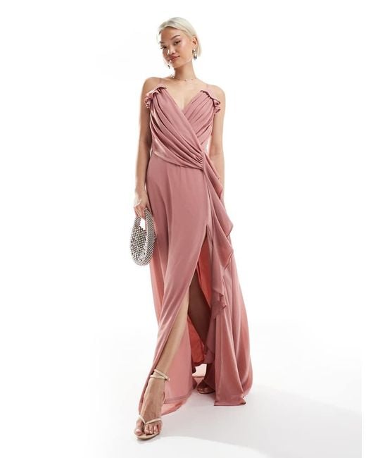 TFNC London Pink Bridesmaid Wrap Front Chiffon Maxi Dress With Frill Detail And Split