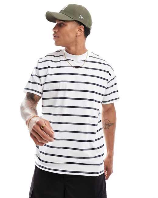 Brave Soul White Oversized High Neck Stripe T-shirt for men