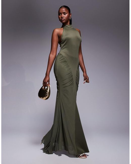 ASOS Green Premium High Neck Maxi Dress With Super Ruched Channels