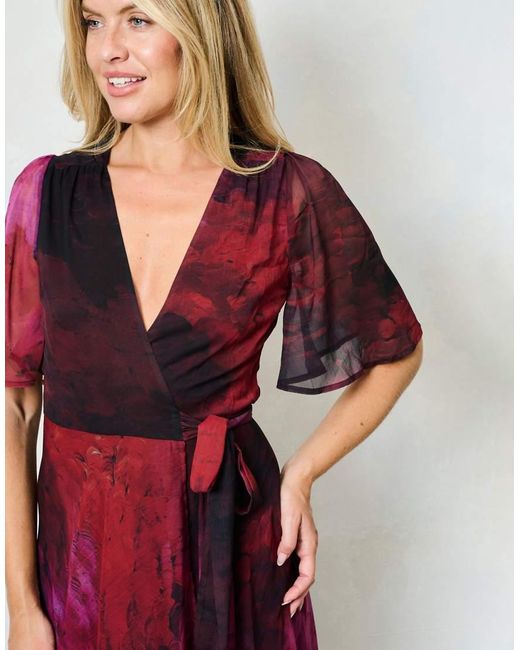 Hope & Ivy Red The Gaia Flutter Sleeve Maxi Wrap Dress With Tie Waist