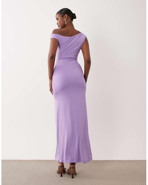TFNC London Purple Slinky Fallen Shoulder Thigh Split Midaxi Dress