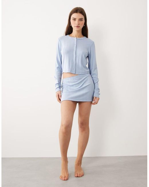 ASOS Blue Pointelle Nightwear Cardigan With Lace Trim