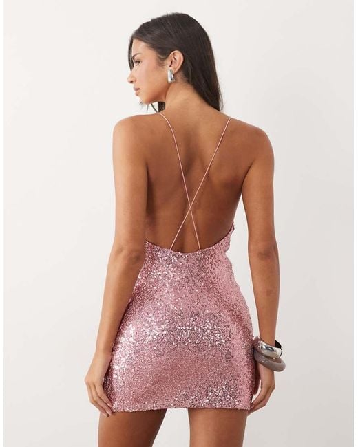 ASOS Pink Sequin Scooped Plunge Sequin Mini Dress