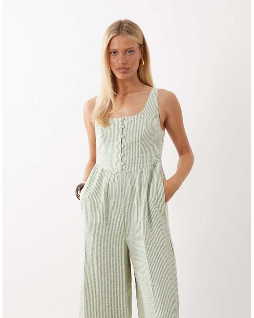 Nobody's Child Natural Cora Linen Blend Sleeveless Button Detail Jumpsuit