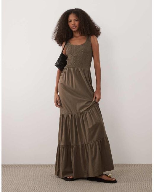 Brave Soul Brown Scoop Neck Shirred Bodice Maxi Dress With Tiered Skirt