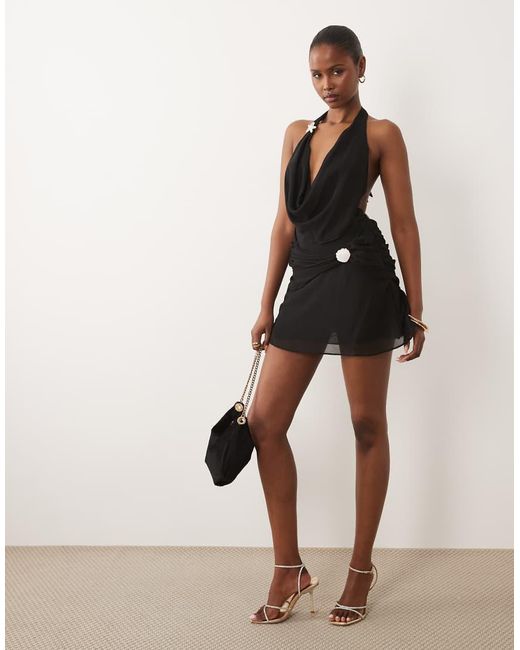 Oh Polly Natural Plunging Halter Neck Backless Mini Dress