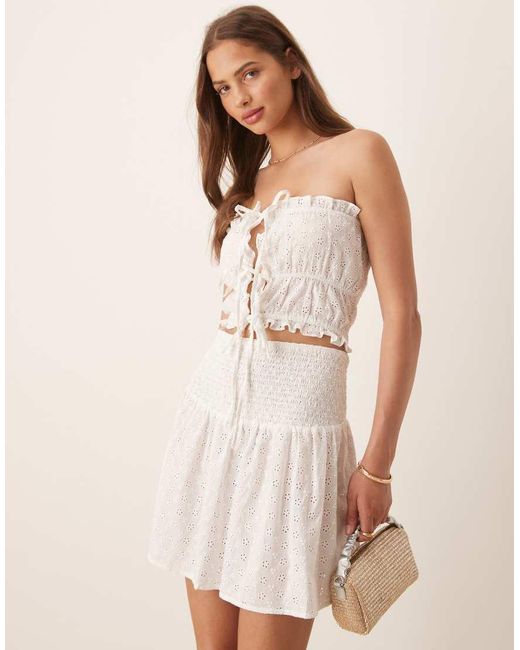 esmé studios Natural Esmee Exclusive Broderie Bandeau Tie Front Crop Top With Frill Trim