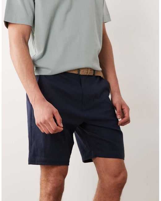 Threadbare Blue Linen Mix Chino Shorts With Belt for men
