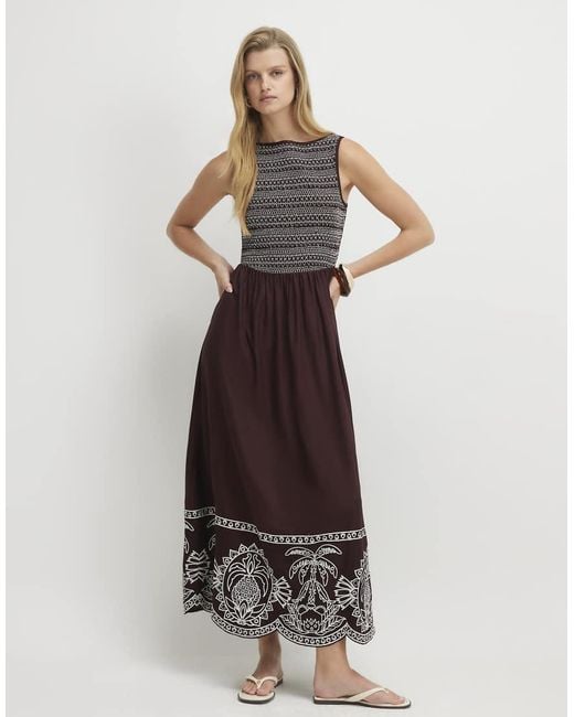 River Island Brown Cotton Embroidered Hem Midi Dress