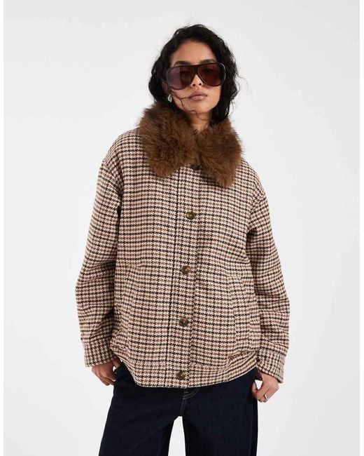 Levi's Brown Billie Oversized Micro Check Bomber Jacket With Fur Collar