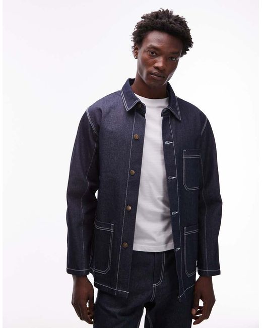 CAT WWR Blue Button Through Regular Fit Denim Overshirt With Contrast Stitching for men