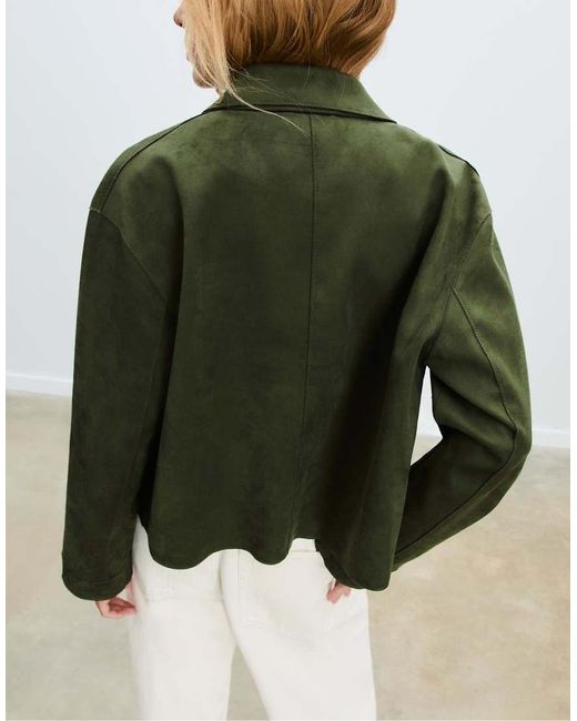 Stradivarius Green Faux Suede Jacket With Pockets