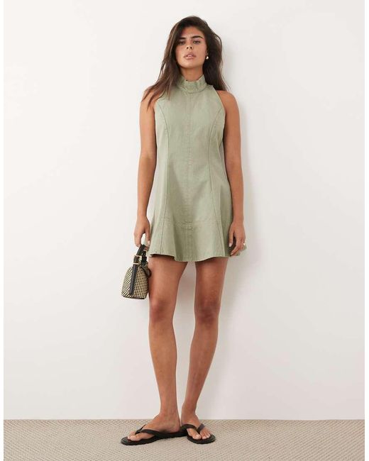 ASOS Green Heavy Twill Funnel Neck Seamed Mini Dress