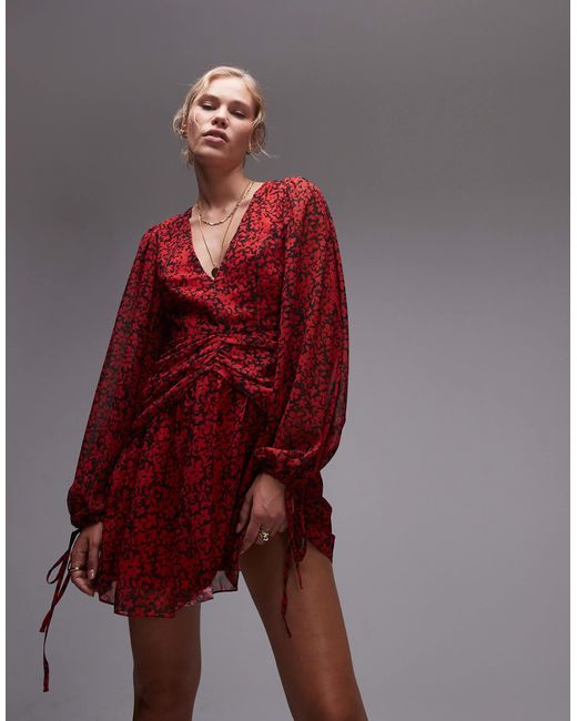 TOPSHOP Red Ruch Waist V Neck Mini Tea Dress