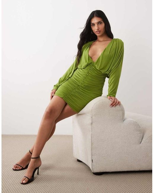 ASOS Green Mesh Long Sleeved Deep Plunge Ruched Mini Dress