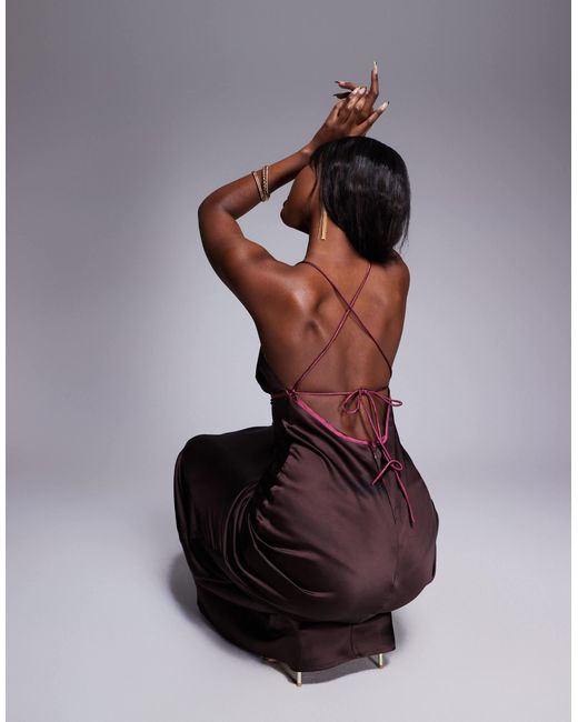 ASOS Brown Bias Cut Cami Maxi Dress With Contrast Tie Detail
