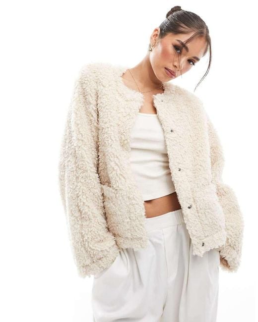 Pieces Cropped Teddy Jacket in White Lyst UK