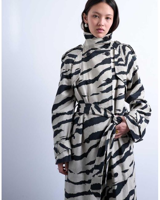 TOPSHOP Trenchcoat Met Opstaande Boord En Zebraprint in het White