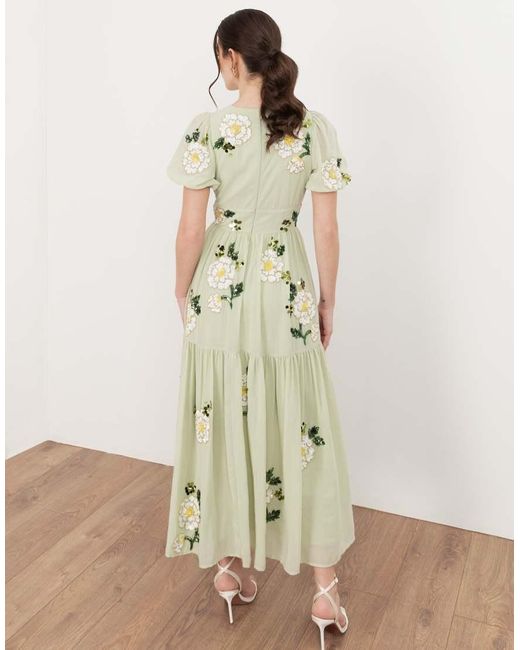 Maya Natural Floral Embellished Short Sleeve Tiered Midaxi Dress