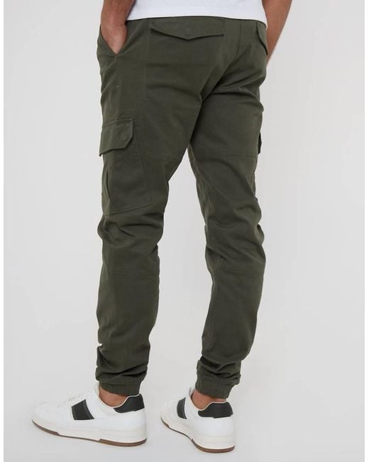 Threadbare Green Cotton Jogger Style Cargo Trousers With Stretch for men