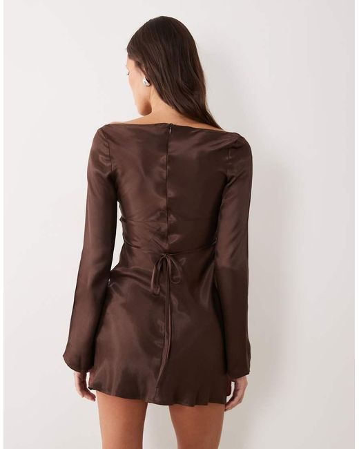 ASOS Brown Satin Bodice Mini Dress With Flared Sleeves