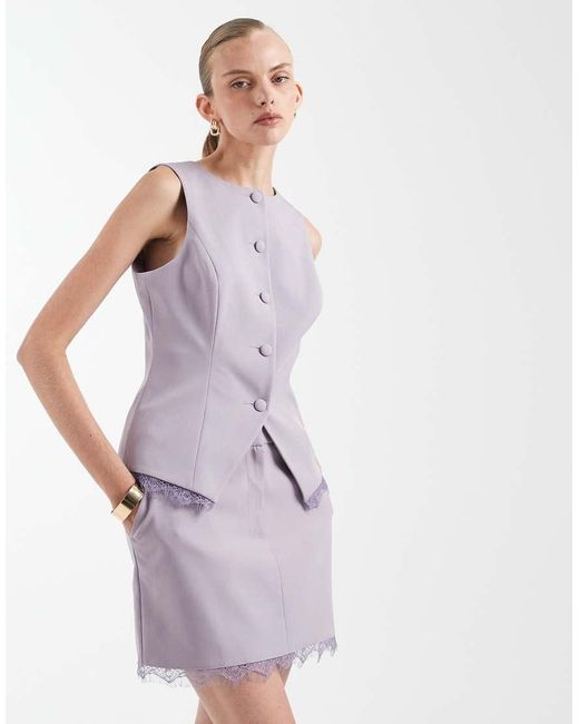 Miss Selfridge Purple Tailored Waistcoat With Lace Trim Co-Ord