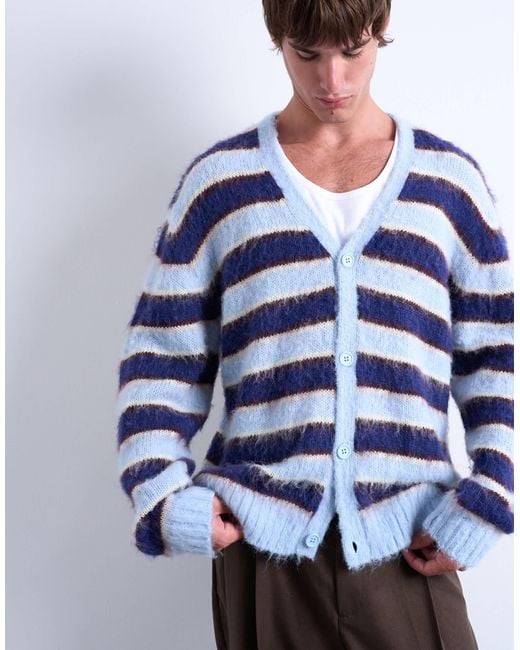 Topman Blue Oversized Fit Fluffy Knitted Stripe Cardigan for men