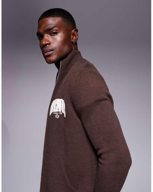 ASOS Brown Relaxed Knitted Zip Through Track Jacket With Marseille Print for men