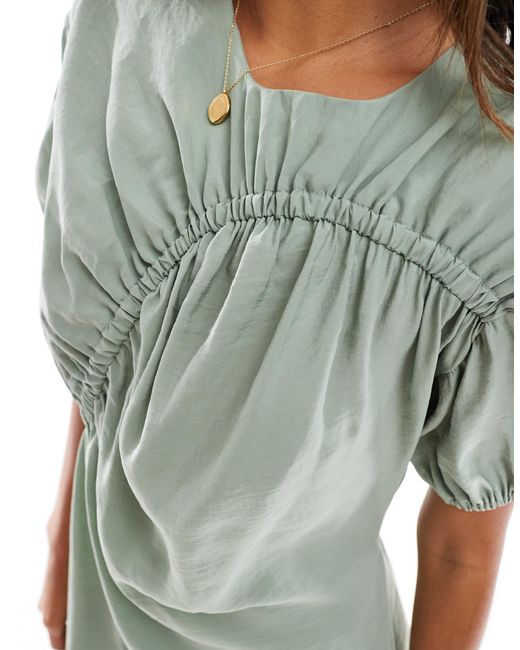 ASOS Green Cupro Puff Sleeve Mini Smock Dress With Ruching Detail