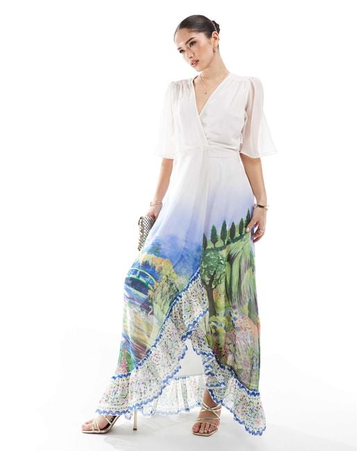 Hope & Ivy White Flutter Sleeve Maxi Wrap Dress With Tie Waist