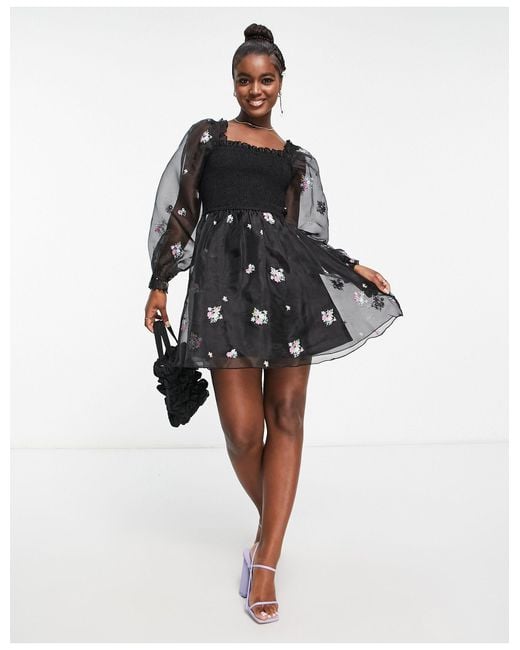 Miss Selfridge Shirred Organza Mini Dress With Embroidery in Black Lyst UK