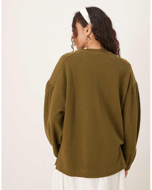 ASOS Green Long Sleeve Waffle Henley With Puff Sleeve Detail