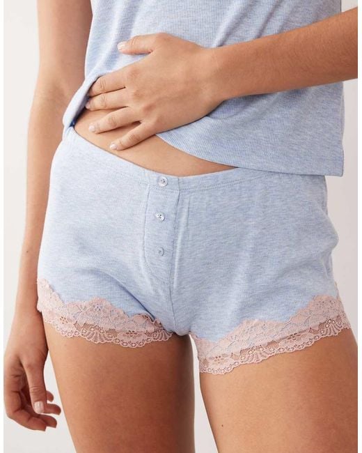 ASOS White Rib Cami And Cheeky Shorts Nightwear Set With Lace Trim