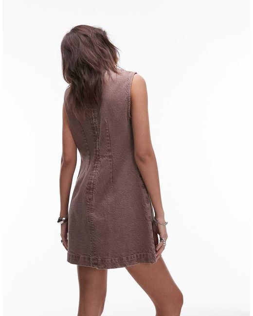 TOPSHOP Brown Denim V-neck Mini Dress