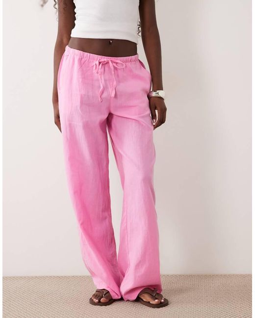 Gina Tricot Pink Pull On Linen Blend Trousers With Pockets