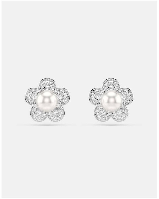 Swarovski White Ariana Grande X Stud Earrings, Crystal Pearl, Round Cut, Flower, Rhodium Plated