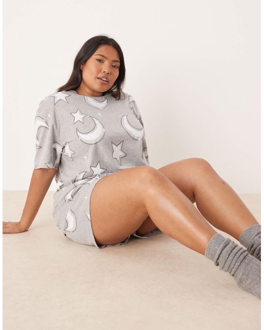 ASOS Gray Asos Design Curve Moon & Stars Oversized Tee And Short Pyjama Set
