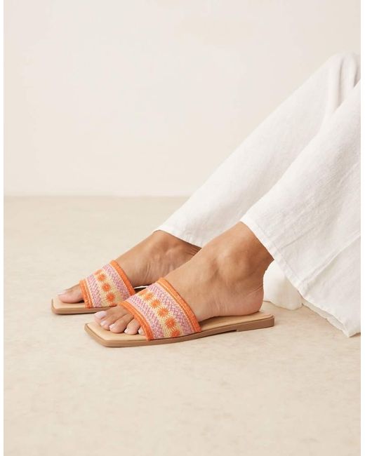 ASOS Natural Fig Square Toe Flat Mule Sandals With Embroidery