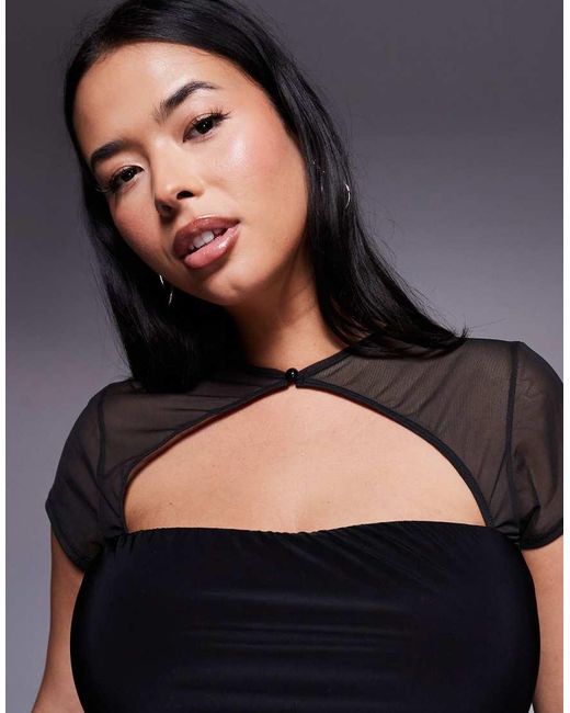 ASOS Black Curve Mesh Short Sleeve Top With Rouleau Button Detail
