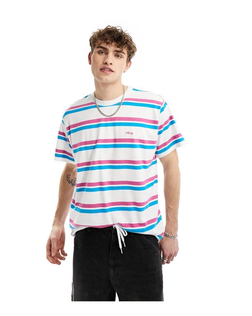 T-shirt a maniche corte a righe multicolore di Obey in White da Uomo