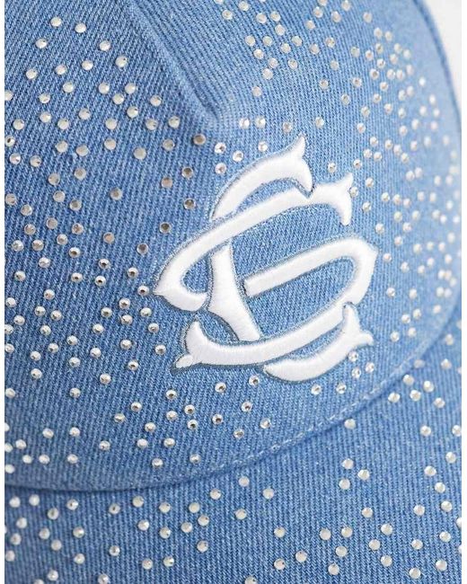 Courtside Blue Denim Embellished Cap With Logo Print