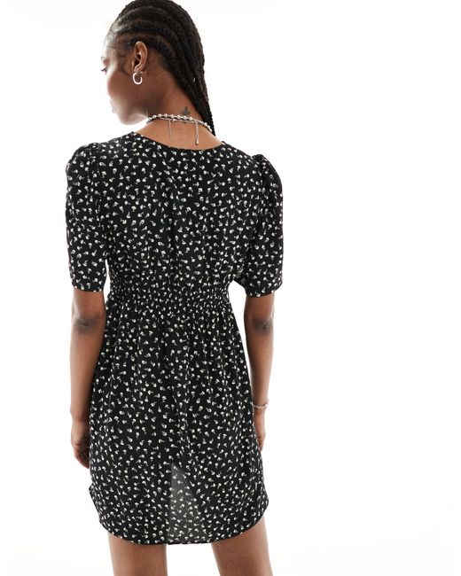 Monki Black Short Sleeve Mini Dress With V Neck