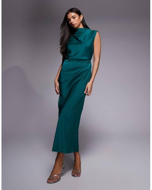 ASOS Blue Satin High Neck Pleated Bodice Midi Dress